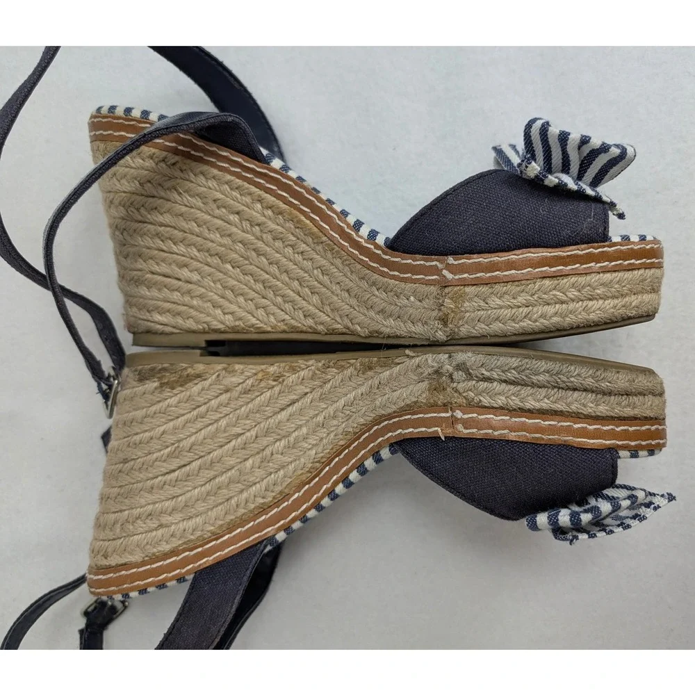 American Eagle Womens 7W Navy Stripe Bow Espadrille Platform Wedge Sandals
